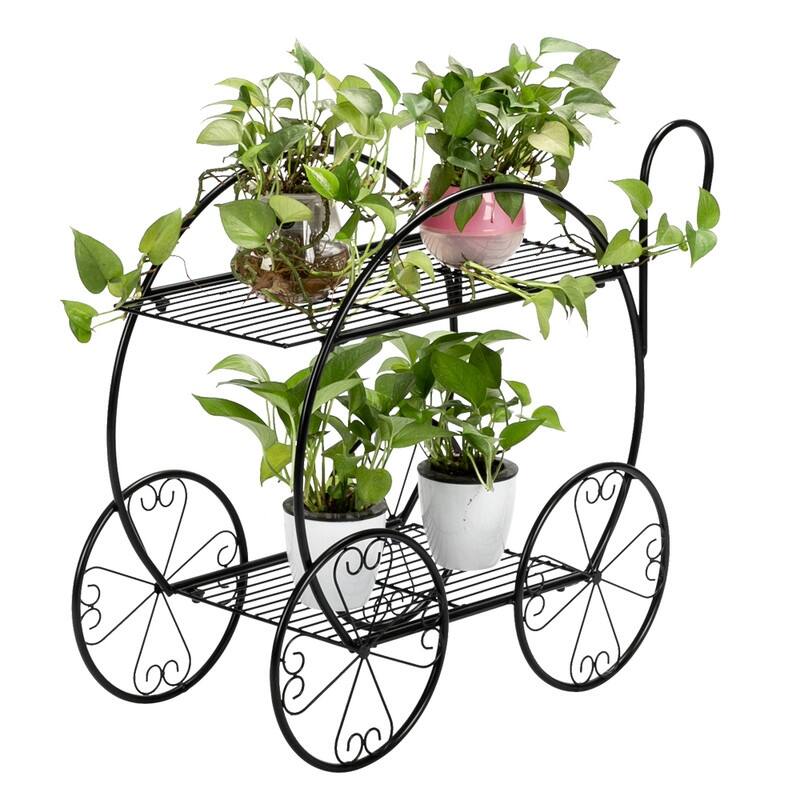 Cart Shape 2 Tier Plant Stand Shelf Black