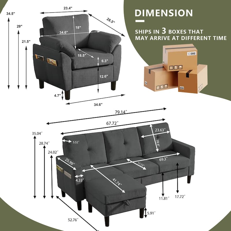 3 Pieces Corduroy Living Room Set with Sofa ,Storage Ottoman and Chair
