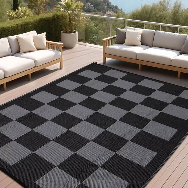 Outdoor Rug Checkerboard Geometric Plaid Pattern, Waterproof Plastic Straw Rug, UV Resistant Foldable Outdoor Rug - 10'x14' - Black Gray