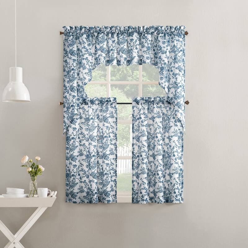 No. 918 Elara 2-Piece Tonal Botanical Semi-Sheer Rod Pocket Kitchen Curtain Swag Pair