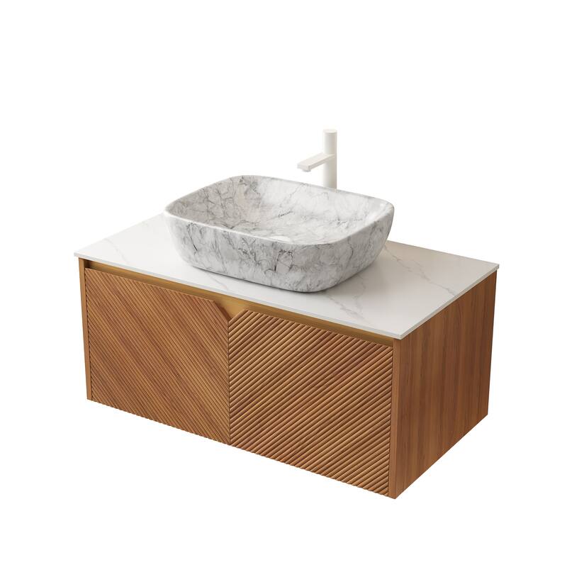 36" Bathroom Vanity&Sink,Plywood Storage Cabinet, Twill Double Doors,Ceramic Vessel Basin& Stone Top