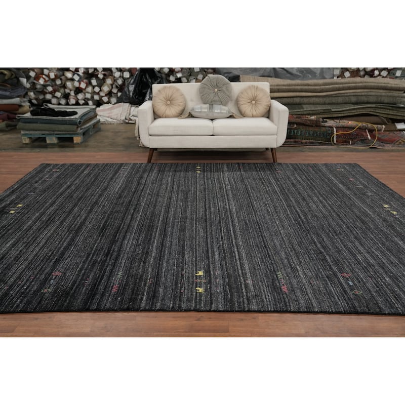 Hand Knotted Oriental Viscose Silk Carpet Tribal Animal Pictorial Greys & Charcoal Gabbeh Area Rug - 11' 7'' X 8' 10''