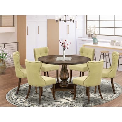 HomeStock 7-Piece Distressed Jacobean Finish Solid Wood Top Dining Table with 6-Parson Chairs
