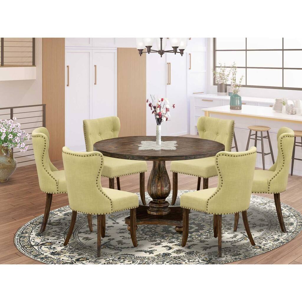 HomeStock 7-Piece Distressed Jacobean Finish Solid Wood Top Dining Table with 6-Parson Chairs