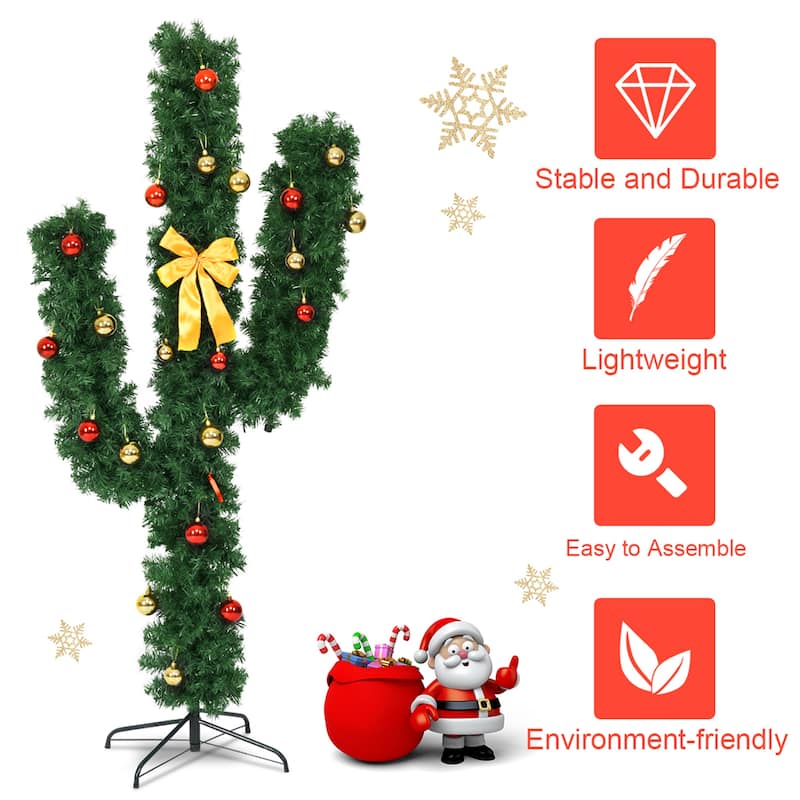 Gymax 5ft Artificial Pre-Lit Cactus Christmas Tree w/ Metal Stand Ball - See Details