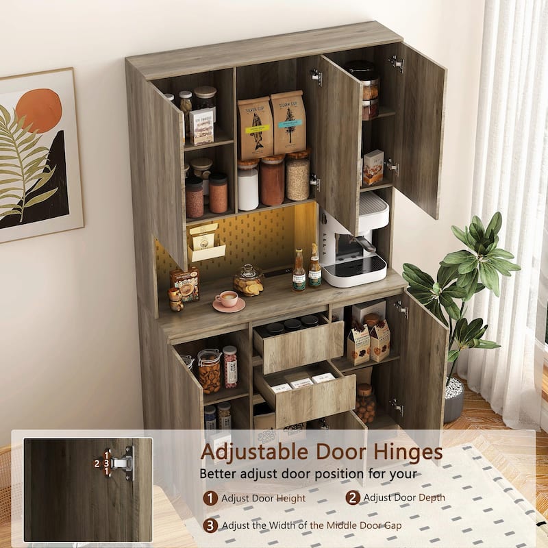 74" Kitchen Pantry Cabinet with Charging Station, Drawer and LED Lights