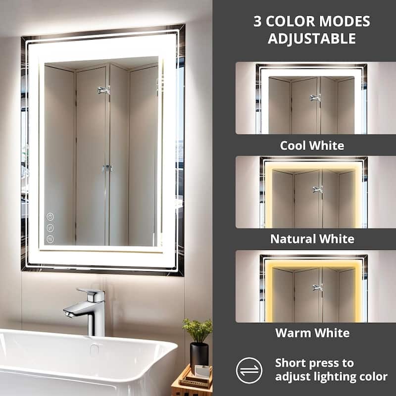 Bathroom Mirror with Lights 36x28 Inch Anti-Fog Shatter-Proof Wall-Mounted Vanity Mirrors with Frontlit & Backlit - 28x36