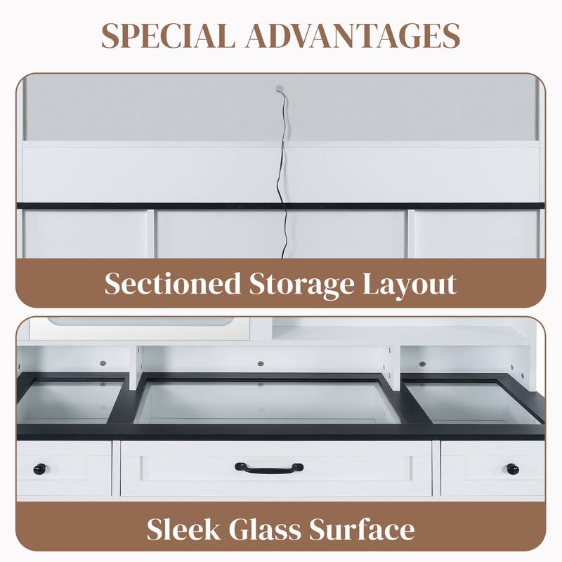 White Vanity Desk with Adjustable Sliding Mirror & Built-in Lights