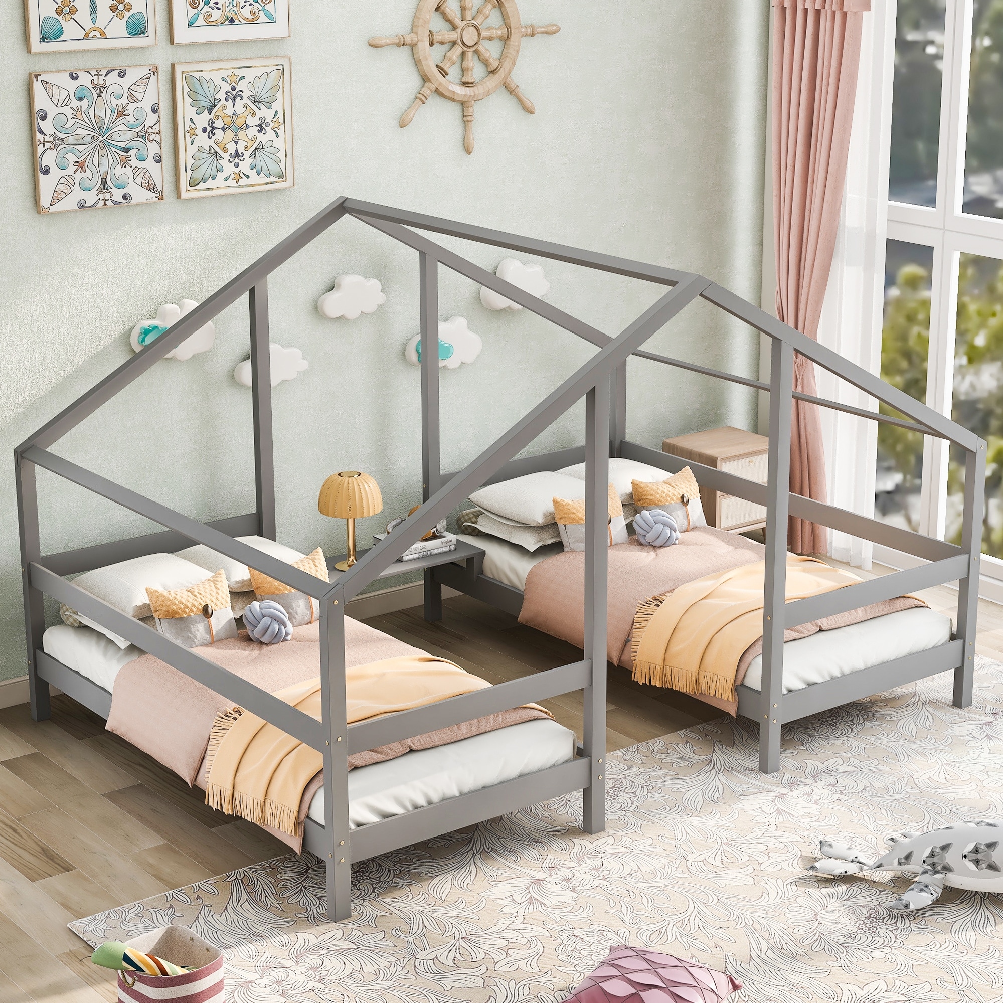 Double Twin Platform Bed House Shaped Sharing Daybed Frame with