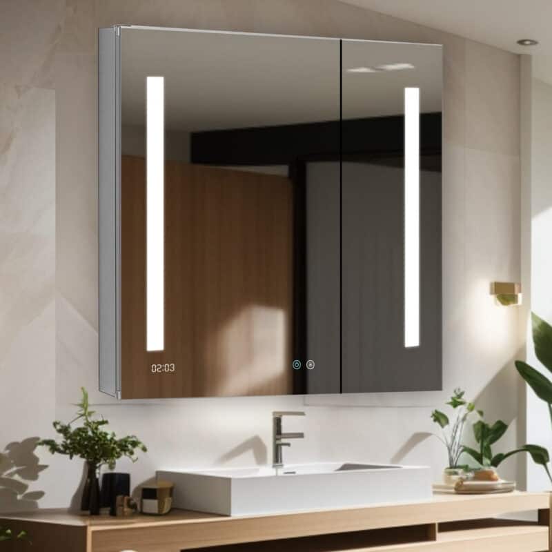 AQUADOM Signature Royale 36W LED Medicine Cabinet Defogger, 3X LED Vertically Adjustable Magnifying Mirror, Electrical Outlets