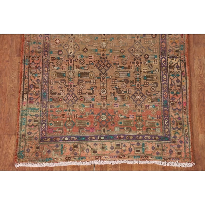 Geometric Zanjan Persian Vintage Runner Rug Handmade Wool Carpet - 3'7"x 9'10"