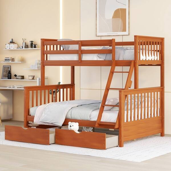 slide 2 of 19, Twin over Full Wooden Bunk Bed with Ladders & Two Storage Drawers - Space-Saving Design Walnut