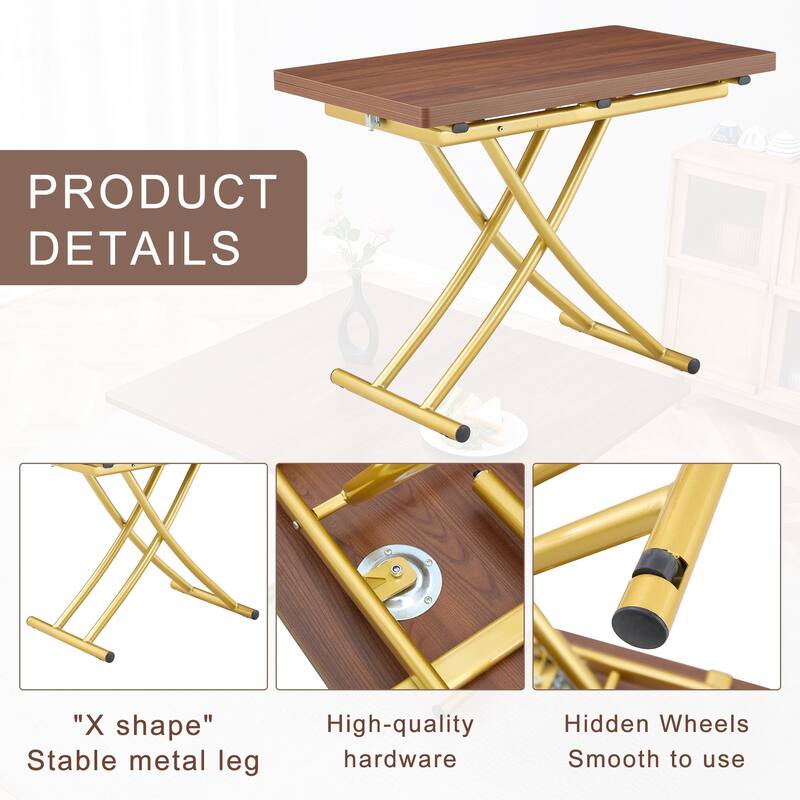 Modern Lift Table With 0.8-Inch Wood-Textured MDF Top & Black Metal Legs; Functions As Dressing, Coffee, Dining, Or Office Desk.