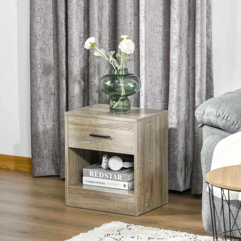 HOMCOM Modern End Table with Drawer, Space Saving Sofa Side Accent Table with Open Storage Shelf for Living Room or Bedroom - Grey Wood Grain