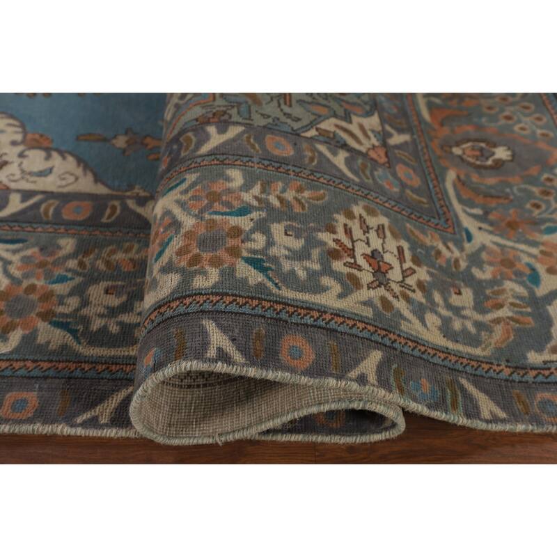 Over Dyed Tabriz Persian Vintage Rug Handmade Blue Wool Carpet - 9'10"x 12'11"