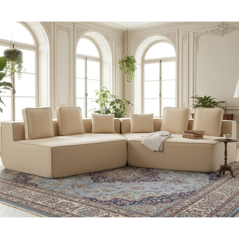 132"Oversized Teddy Fabric Modular Sectional Sofa,Full-Foam Cushion Design with Ultra Soft Feel with Six Cushions
