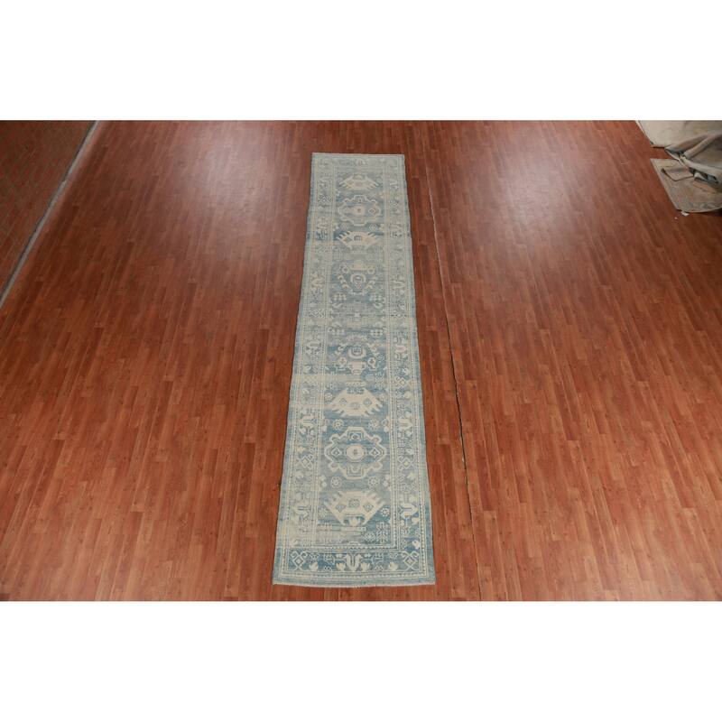 Hand Knotted Oriental 100% Wool Carpet Transitional Geometric Navy Blue & Blues Oushak Runner Rug - 14' 2'' X 3' 1''