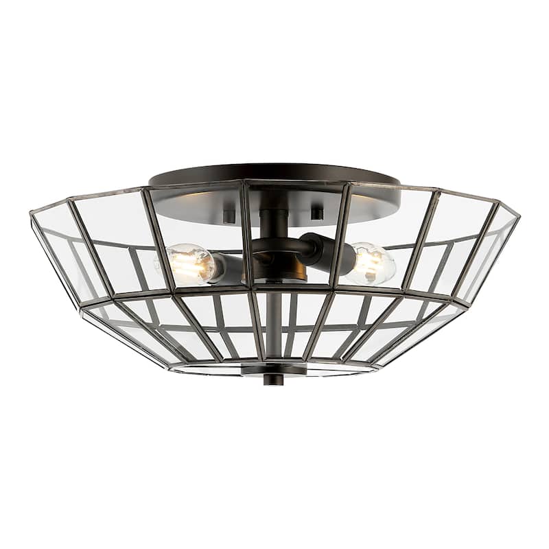 Eivissa 15.5" 2-Light Farmhouse Rustic Iron/Glass LED Semi Flush Mount, Oil Rubbed Bronze/Clear by JONATHAN Y