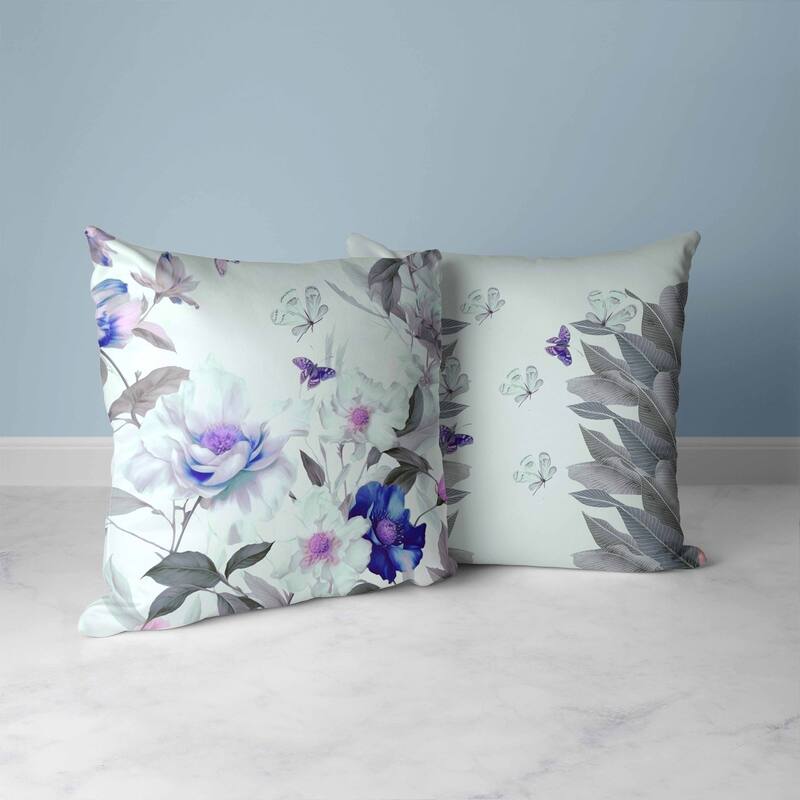 Leafy Lepidoptera Medley Faux Suede Reversible Throw Pillow Green and Blue