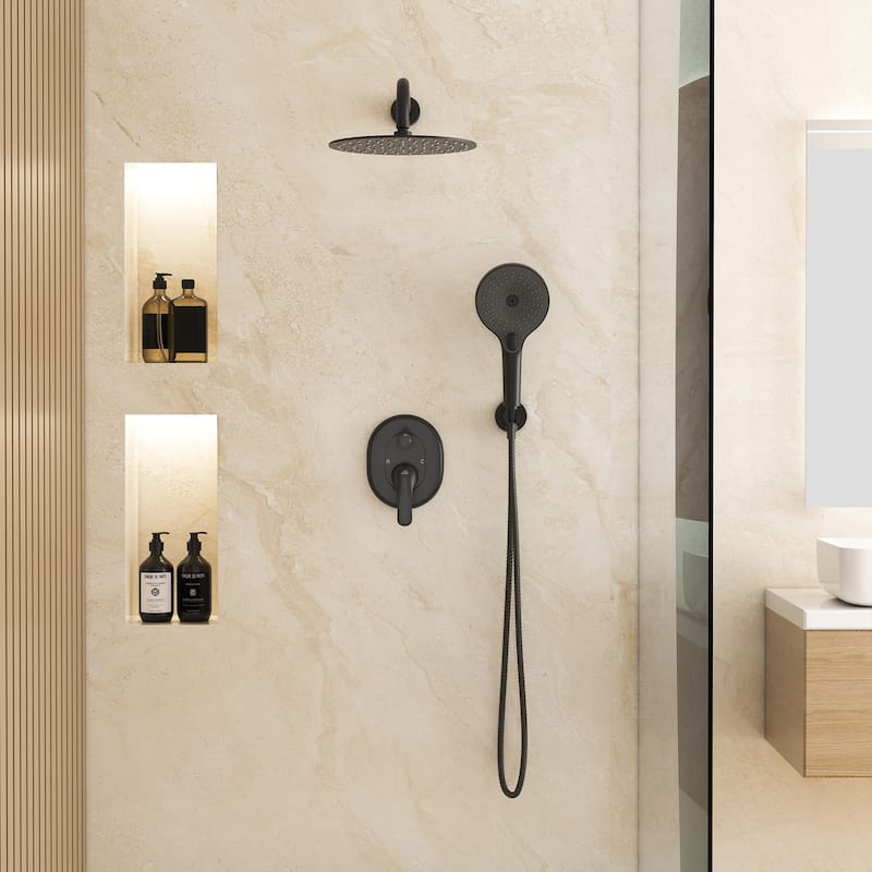 Pressure Balance 2-Functions Shower System 10" Wall Mount Rainfall Shower Head with 3-Spray Patterns Handheld Shower - 10" x 10" - Matte Black - 10" x 10"