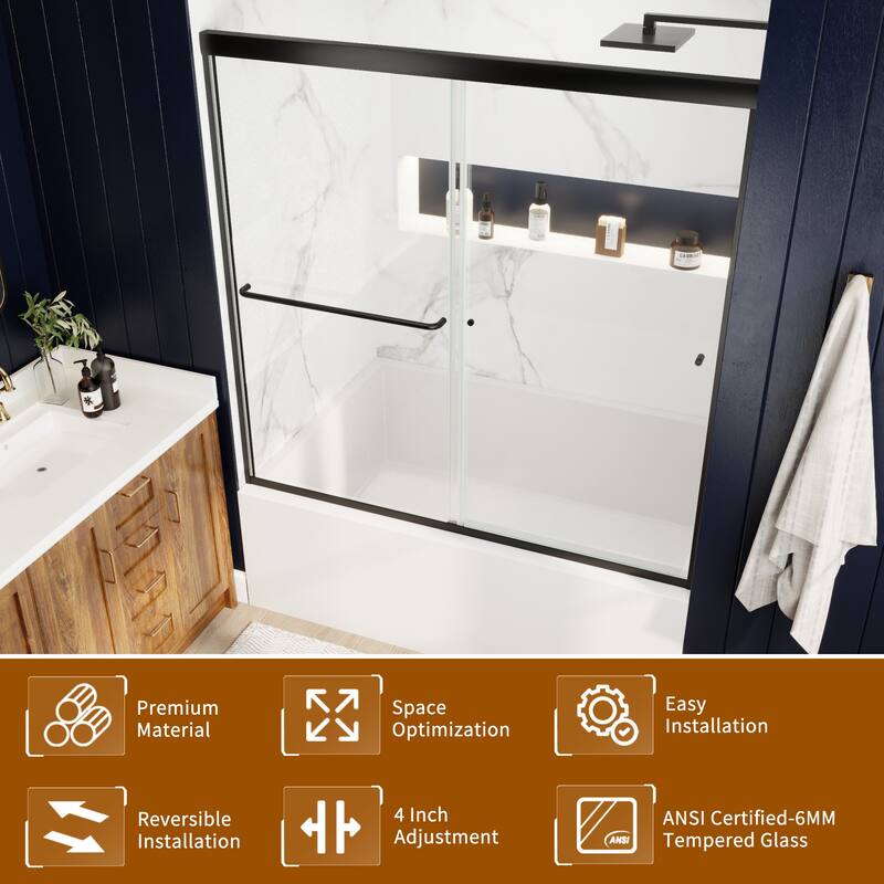 Modland 56-60" Sliding Bathtub Door, 1/4" ANSI Glass with Dual Protection Film, Matte Black Bypass Tub Enclosure