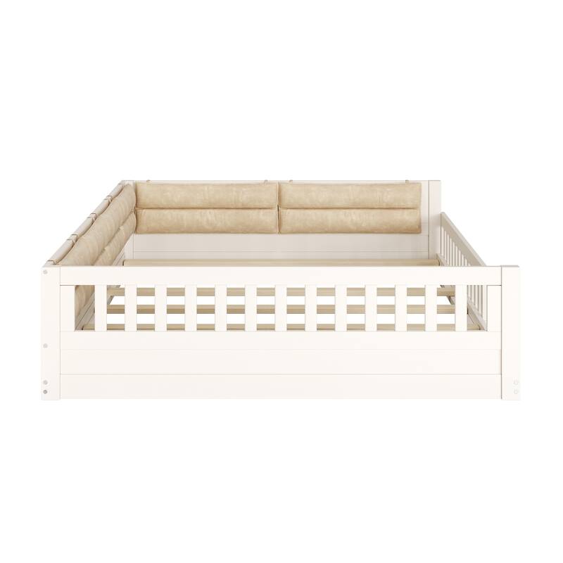 Full Size Upholstered Platform Bed with Guardrail and Pillow, Beige