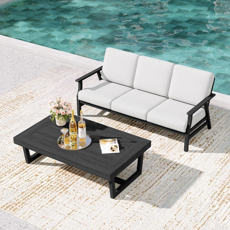 2-Piece Teak Outdoor Sofa Set with Table - Beige/coffee table - Black Wood