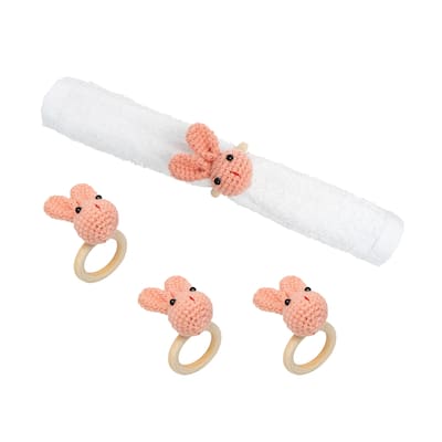 Easter Pink Knitted Bunny Rabbit Napkin Rings Set of 4