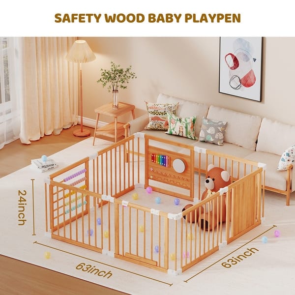 Foldable Wooden Playpen with Door, Adjustable, 1-8 years, Safety 