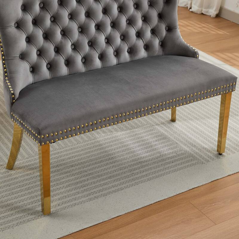 Roomfitters Upholstered Loveseat Bench with Nailhead Trim and Gold Legs, Modern High Back Settee for Dining Room