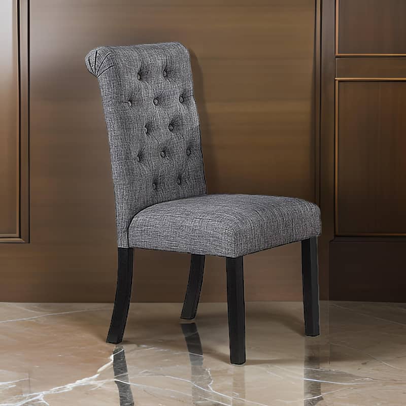 Jie 25 Inch Dining Chair, Tufted Gray Upholstery, Rolled Top, Black Wood