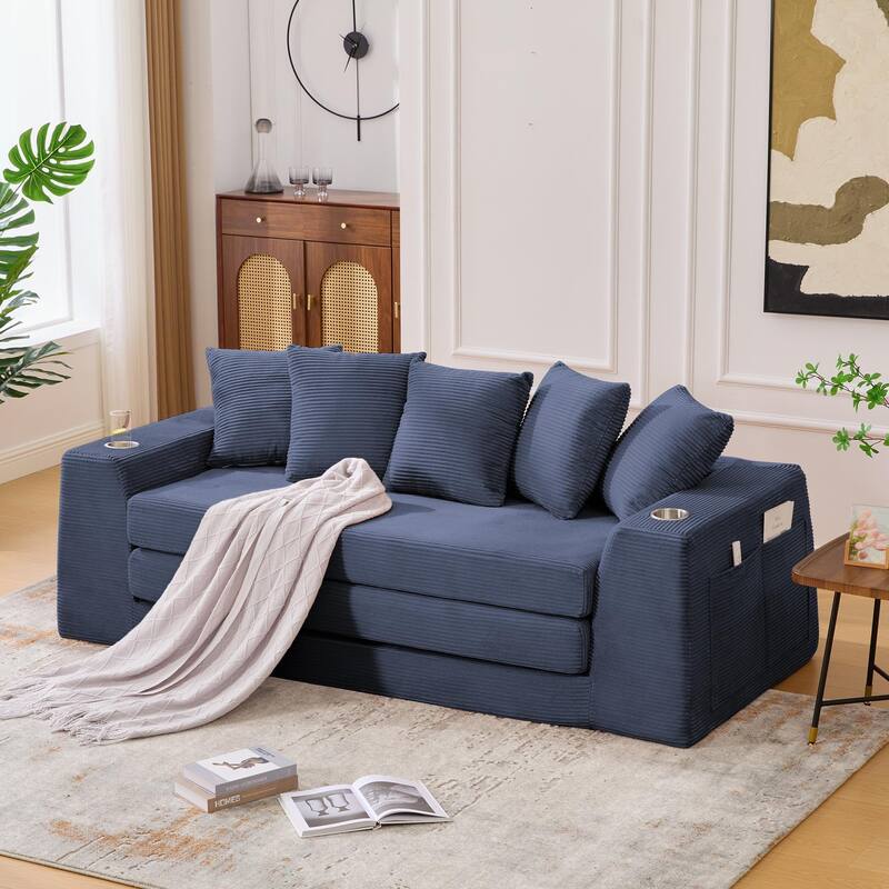Modern Convertible Loveseat Sofa Bed, Corduroy Fabric Foldable Floor Couch w/5 Pillows, Side Pockets & Cup Holders, No Assembly - Blue