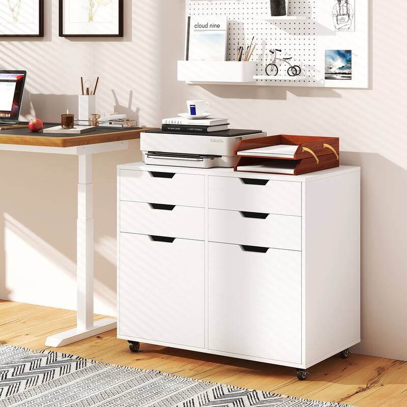 White MDF Mobile File Cabinet with 4 Drawers, Lockable Wheels and Soft-Close Doors