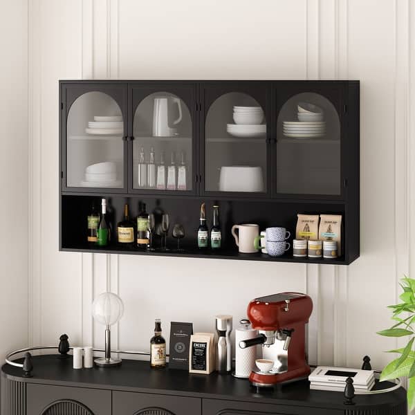47.25" 4-door Glass Wall-mounted Cabinet Storage, - Black
