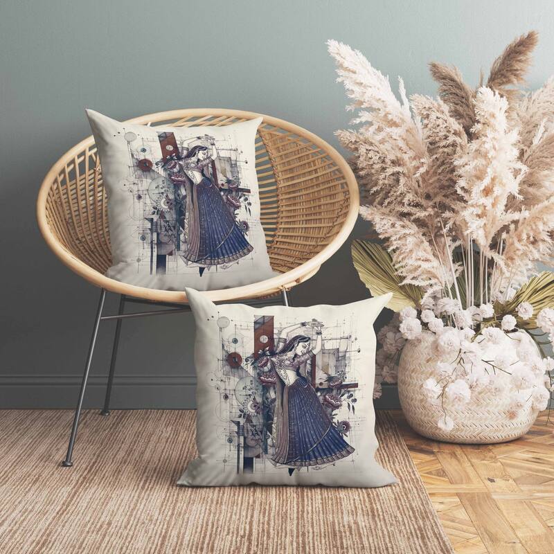 Gracefully Dancing Woman Indoor/Outdoor Reversible Throw Pillow Beige and Blue