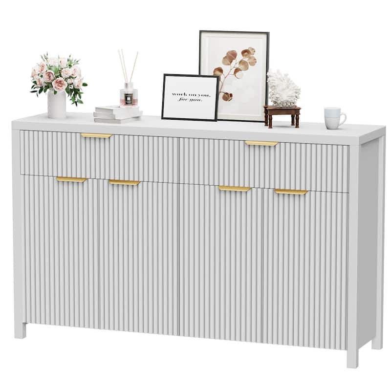 55"Fluted Sideboard Buffet Cabinet with Storage Drawers and Adjustable Shelves - White