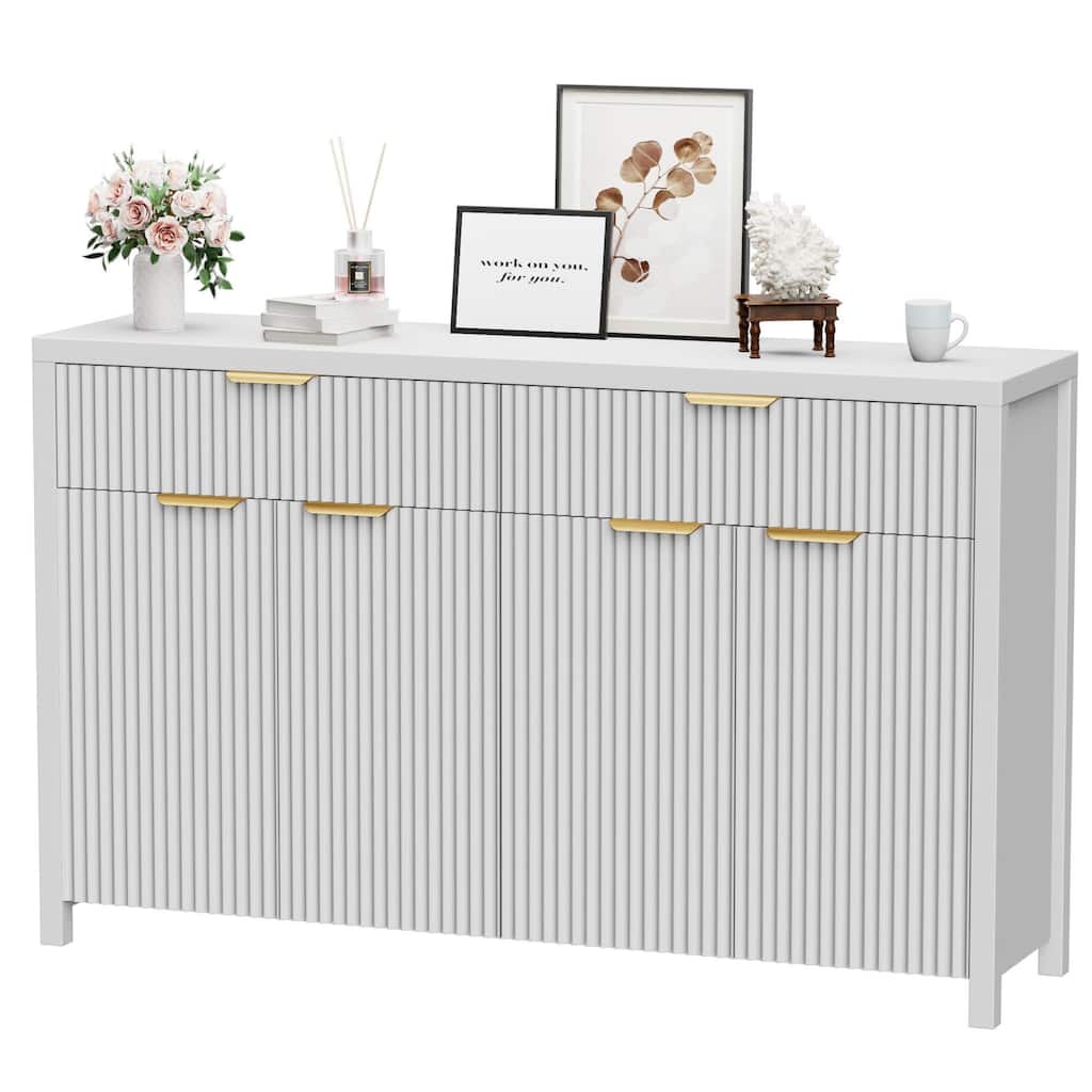 55"Fluted Sideboard Buffet Cabinet with Storage Drawers and Adjustable Shelves