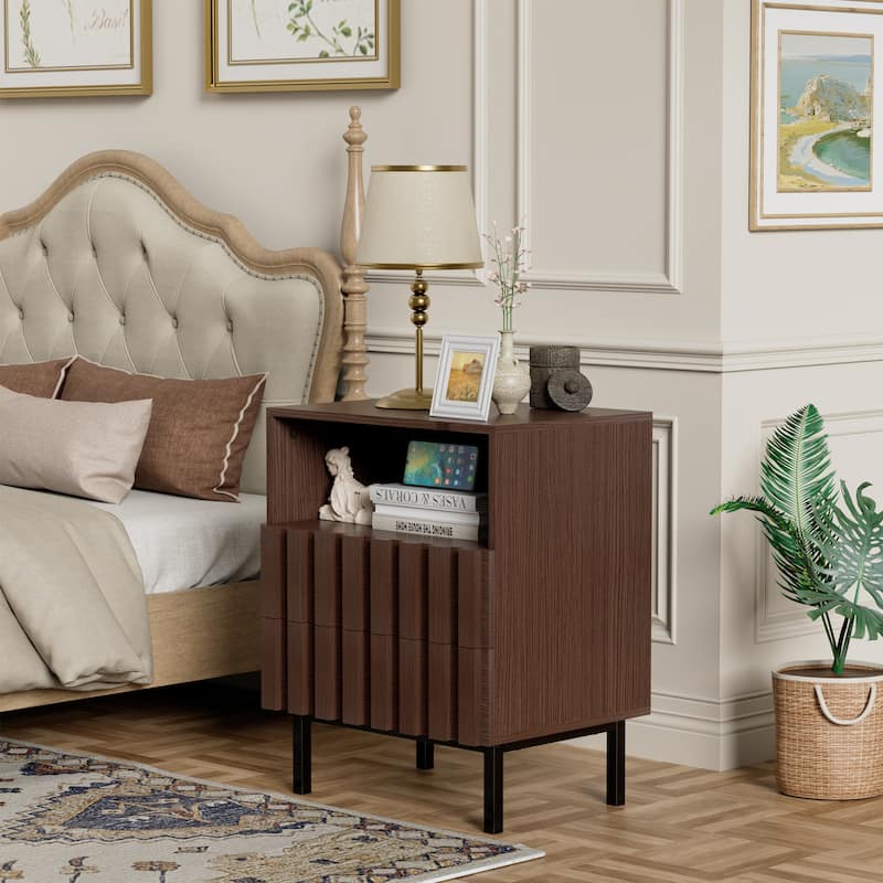 Mid Century Nightstand 2 Drawers & Storage Space Accent End Table Bedside Table - 2PCS-Brown