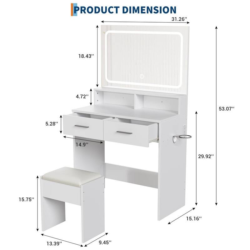 Makeup Vanity Table with LED Mirror, Stool, Power Outlets, 2 Drawers & Storage