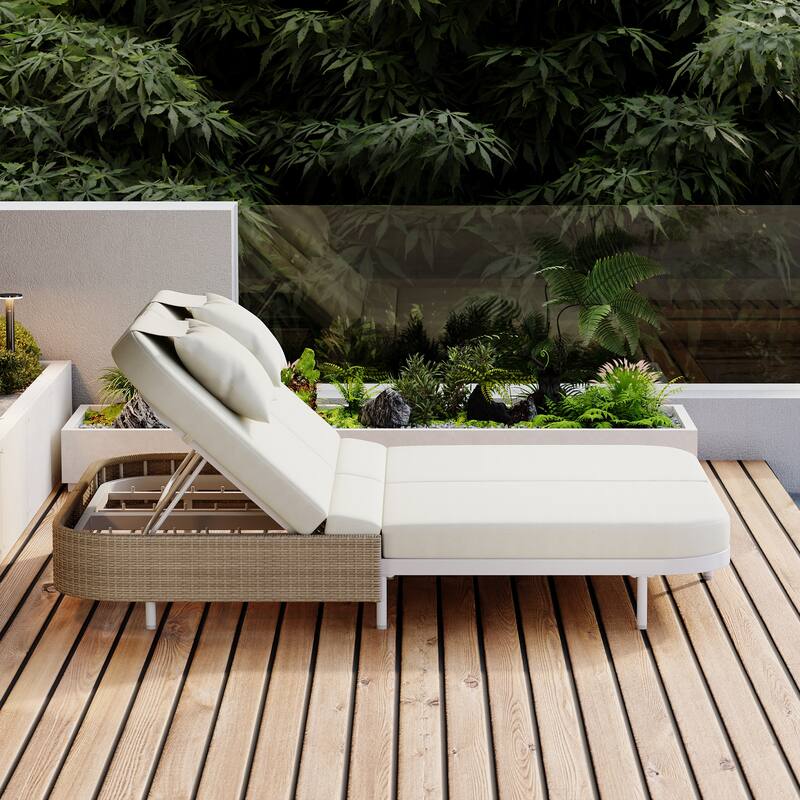 Outdoor Rattan Daybed with 5-Position Adjustable Backrest, Patio Double Chaise Lounge with Removable Cushions