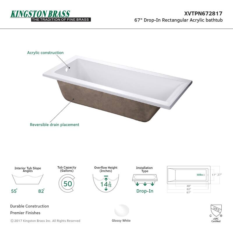 Kingston Brass 67" Drop In Acrylic Soaking Tub with Reversible Drain