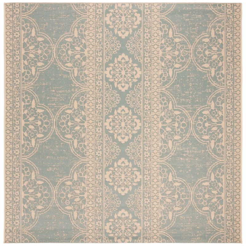SAFAVIEH Linden Aysel Indoor/ Outdoor Waterproof Patio Backyard Rug - 6'7" Square - Cream/Aqua