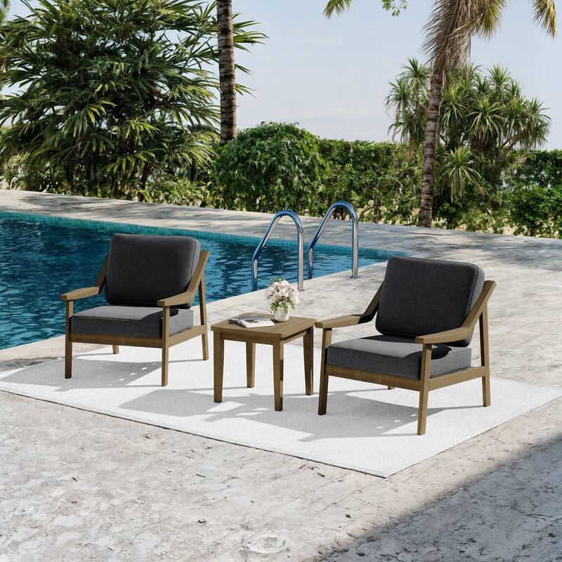 3-piece Teak Modern Cushioned Club Chairs Set Patio Bistro Set