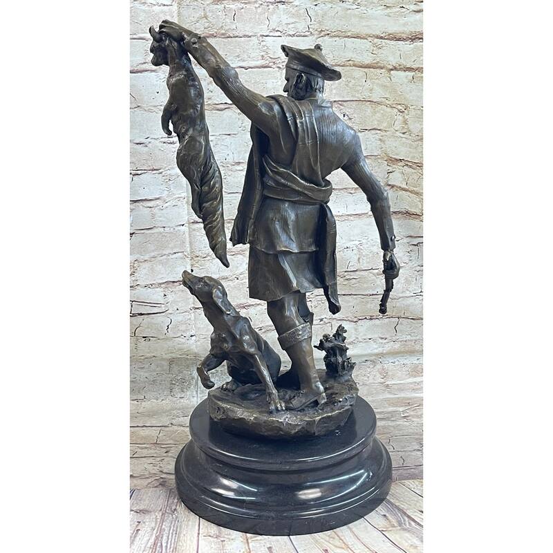 Scottish Hunter W/ Imitative Dog Bronze Statue Sculpture Figure Marble Base Signed Original 22 Inches X 11.5 Inches