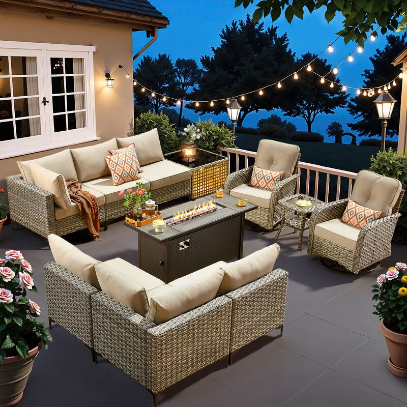 XIZZI 11-piece Outdoor Patio Wicker Furniture Sectional Set with Fire Table - Beige