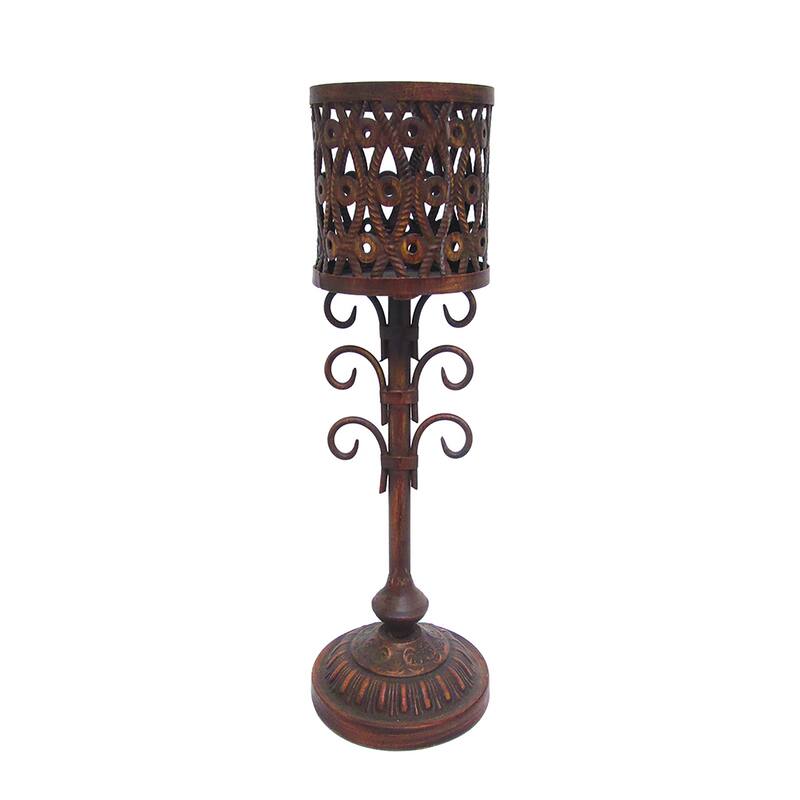Antique Rustic Metal Hurricane Candlestick Candle Holder Centerpiece - 20.25" H x 6" W x 6" DP - Bronze