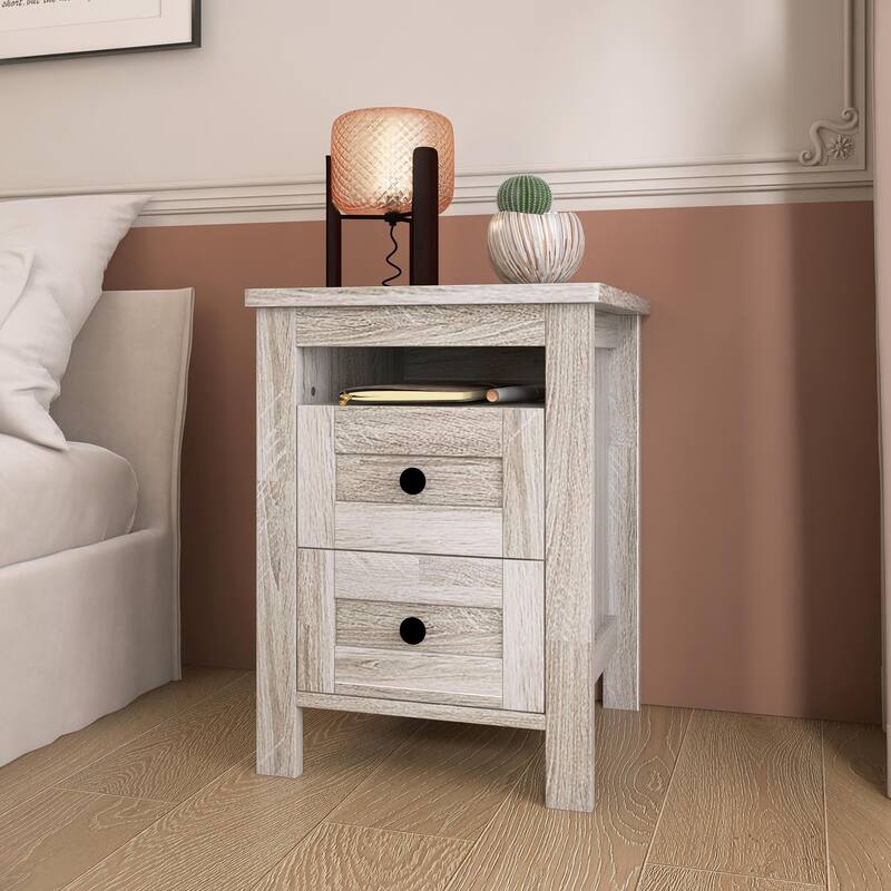 18 Inch Farmhouse Wooden Nightstand with 2 Drawers, Wood Side Table with Storage Cabinet for Bedroom