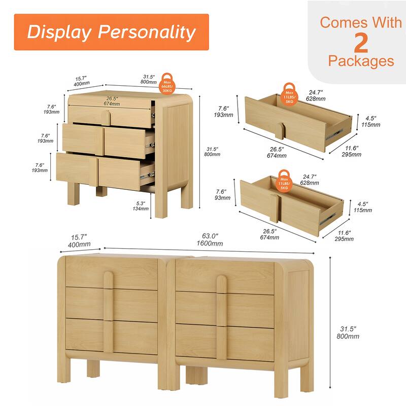 WAMPAT 3 Drawer Curved Dresser For Bedroom Set Of 2, Mid Century Modern Chest Of Drawers, Wood 6 Drawer Dresser