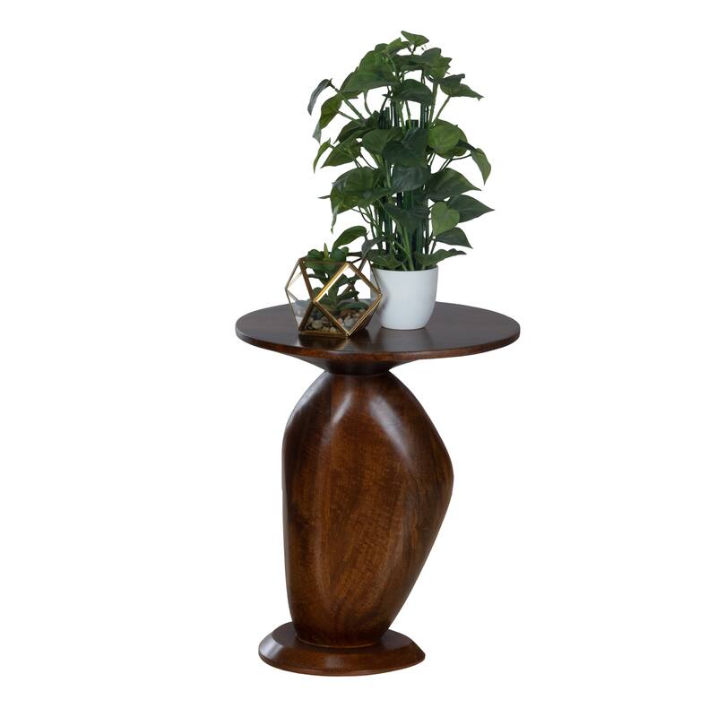 Round Mango Wood Side Table - Sculpted Pedestal Base Accent Table in Rich Stained Finish