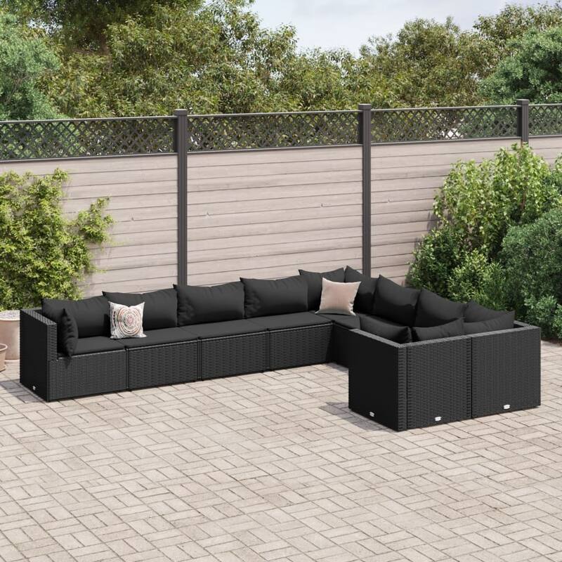 vidaXL Patio Sofa Set with Cushions Lounge Setting Outdoor Furniture Poly Rattan - 9.8 x 9.8 x 8.9 - Black 9 Piece without table